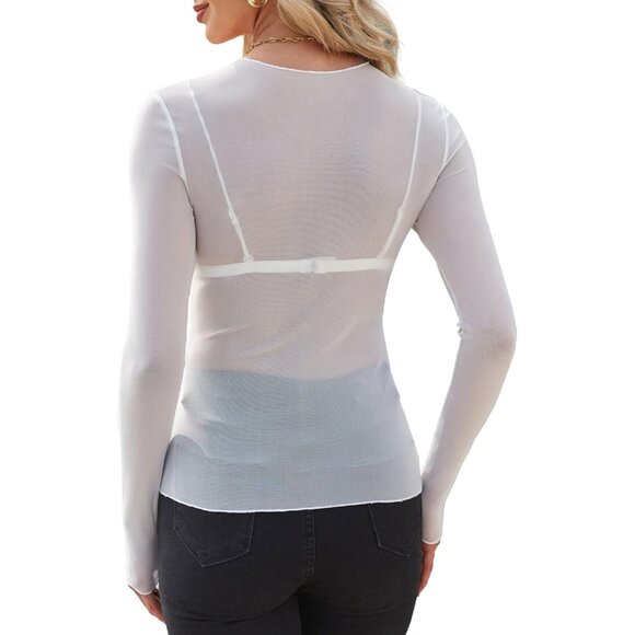 🆕 Women White Mesh Sheer Long Sleeve Tops Lace Sexy Mock Neck Shirts Layering - Picture 4 of 4